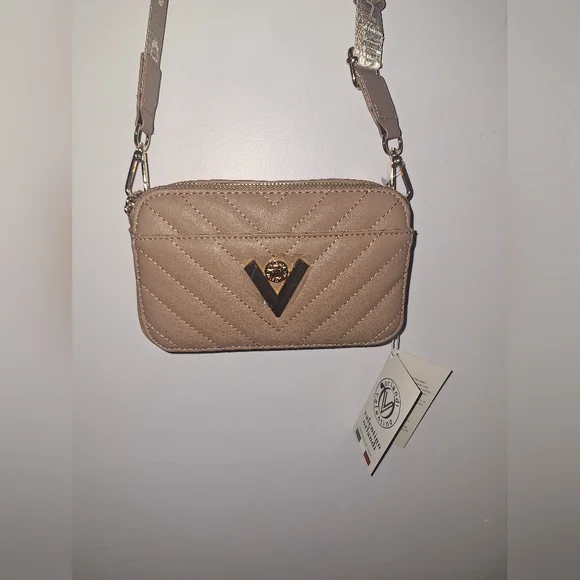 Valentino Orlandi Taupe Quilted Crossbody with Gold V Accent - Picture 2 of 8